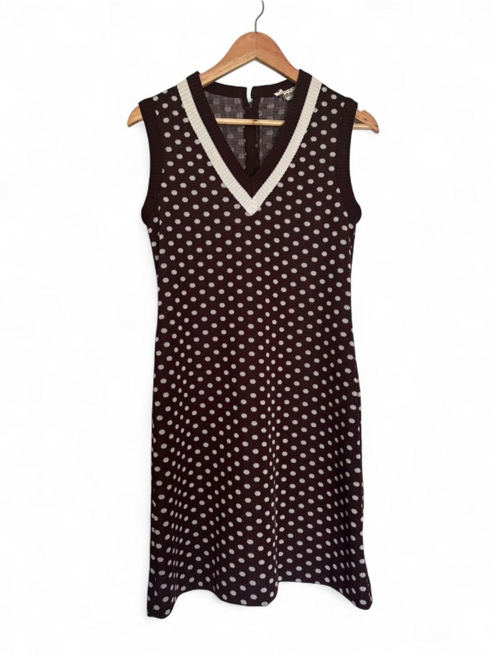 American Vintage Brown Sleeveless Polka Dot Midi Dress with Cream Trim